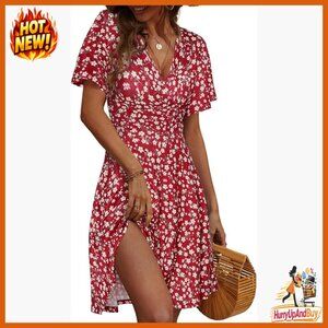 Floral Wrap Sundress A-Line Midi Casual Summer Dress with Ruffle Sleeves
